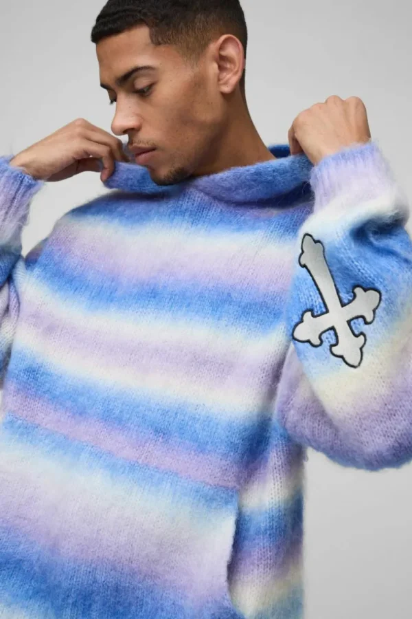 boohooMAN Boxy Fit Ombre Stripe Brushed Knit Cross Hoodie | Knitwear | Going Out Knitwear