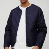 boohooMAN Boxy Fit Quilted Collarless Denim Jacket | Denim | Going Out Denim