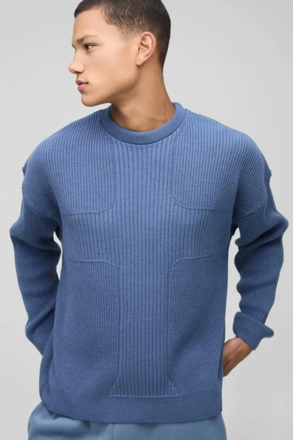 boohooMAN Boxy Fit Ribbed Cross Crew Neck Knitted Jumper | Knitwear | Going Out Knitwear