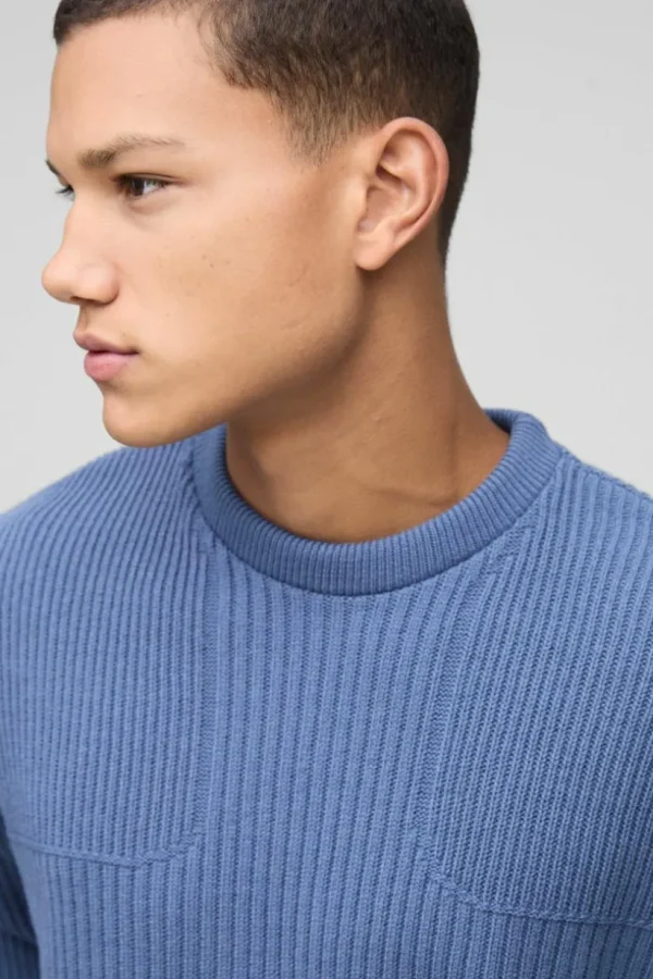 boohooMAN Boxy Fit Ribbed Cross Crew Neck Knitted Jumper | Knitwear | Going Out Knitwear