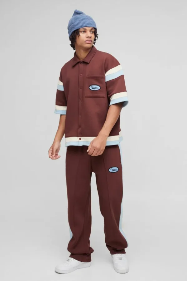 boohooMAN Boxy Fit Varsity Shirt Tracksuit | Sets & Coords | Tracksuits