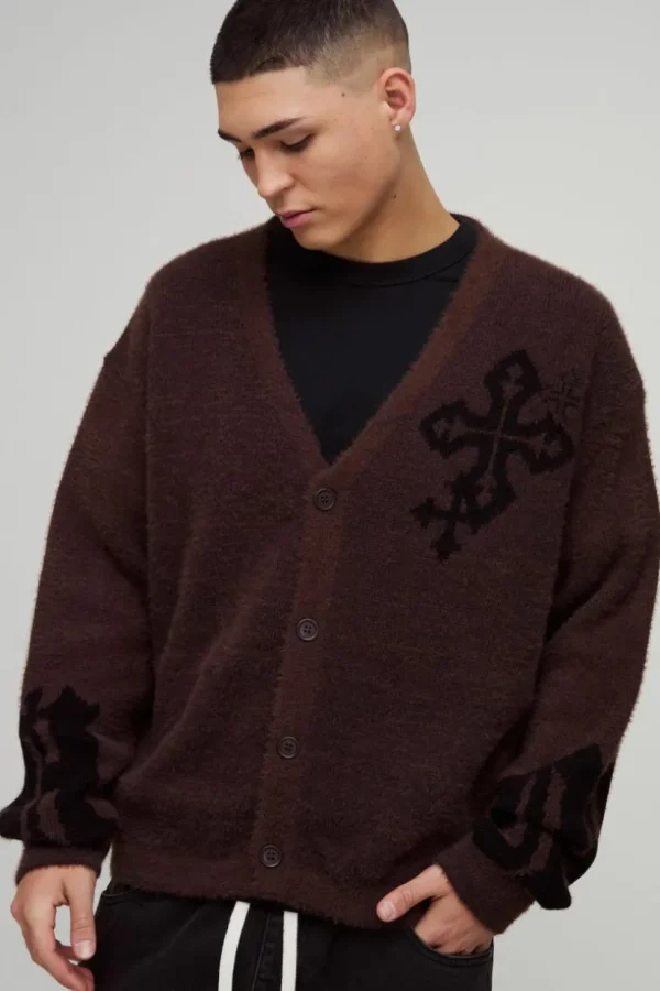 boohooMAN Boxy Fluffy Crosses Knitted Cardigan | Knitwear | Going Out Knitwear