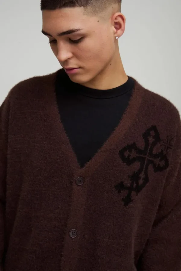 boohooMAN Boxy Fluffy Crosses Knitted Cardigan | Knitwear | Going Out Knitwear