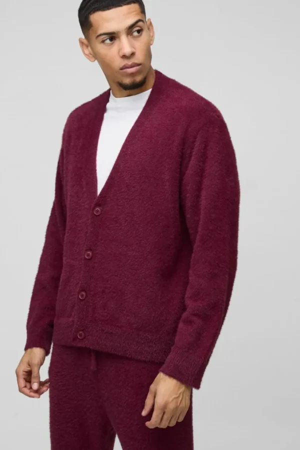 boohooMAN Boxy Fluffy Knitted Cardigan | Knitwear | Going Out Knitwear