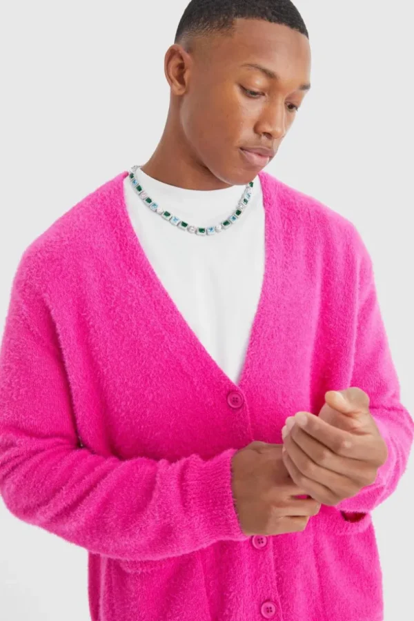 boohooMAN Boxy Fluffy Knitted Cardigan | Knitwear | Going Out Knitwear