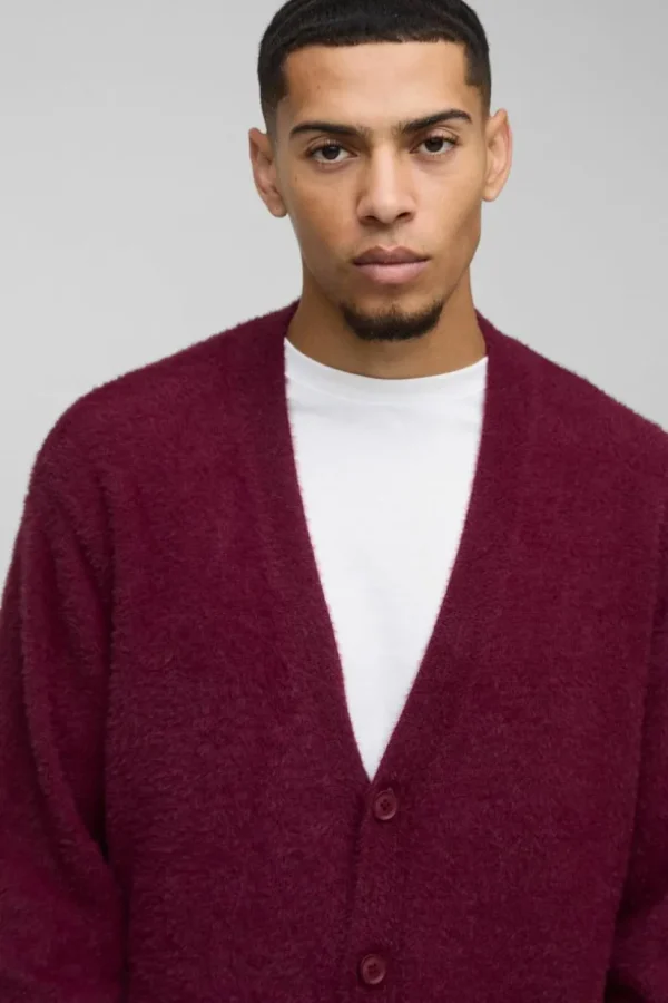 boohooMAN Boxy Fluffy Knitted Cardigan | Knitwear | Going Out Knitwear