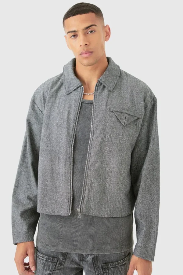 boohooMAN Boxy Herringbone Collared Jacket | Going Out | Going Out Jackets