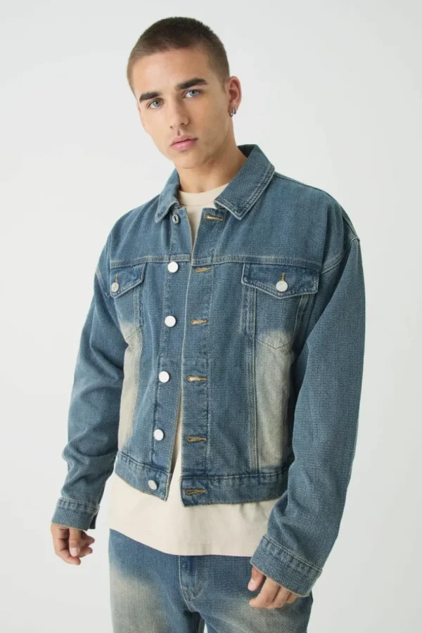 boohooMAN Boxy Herringbone Fabric Interest Denim Jacket | Man | Coats & Jackets