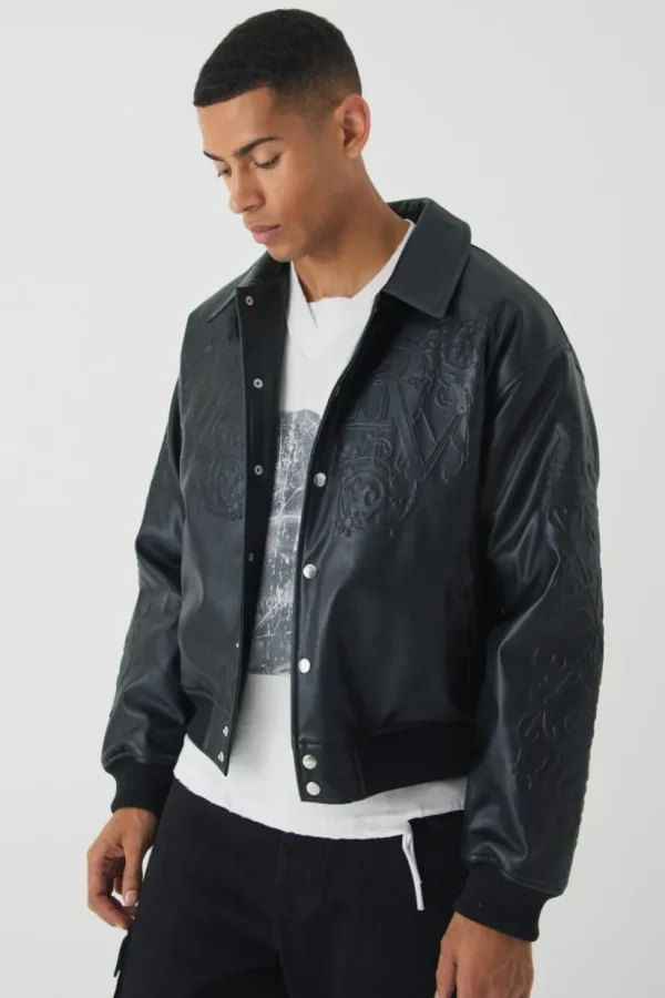 boohooMAN Boxy Homme Embossed Pu Bomber Jacket In | Going Out Jackets | Going Out