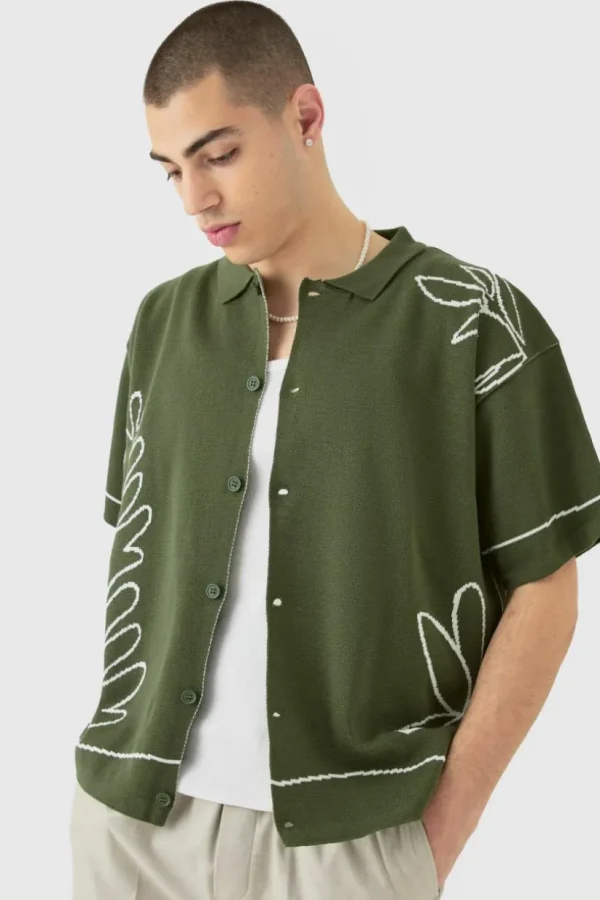 boohooMAN Boxy Jacquard Knit Abstract Detail Shirt In | Shirts | Going Out Shirts