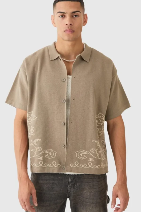 boohooMAN Boxy Jacquard Knit Abstract Detail Shirt In | Shirts | Going Out Shirts