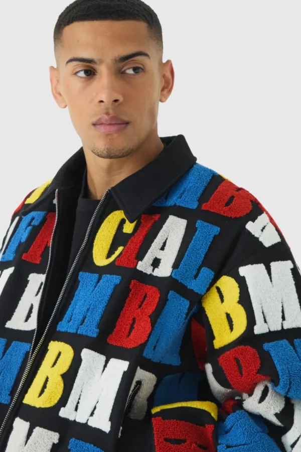 boohooMAN Boxy Letter Badge Collared Varsity Jacket In | Man | Coats & Jackets