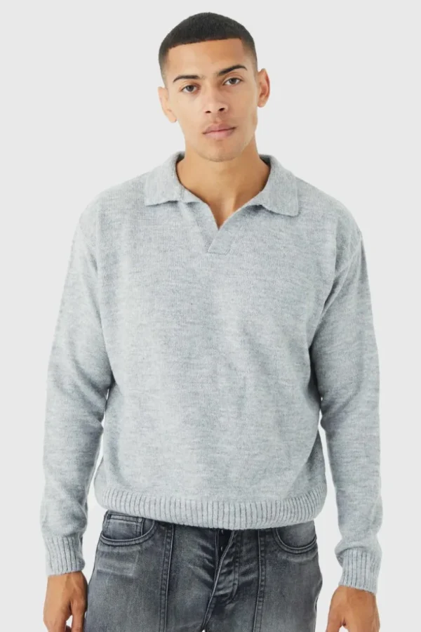 boohooMAN Boxy Long Sleeve Knitted Revere Polo | Going Out Polo Shirts | Knitwear