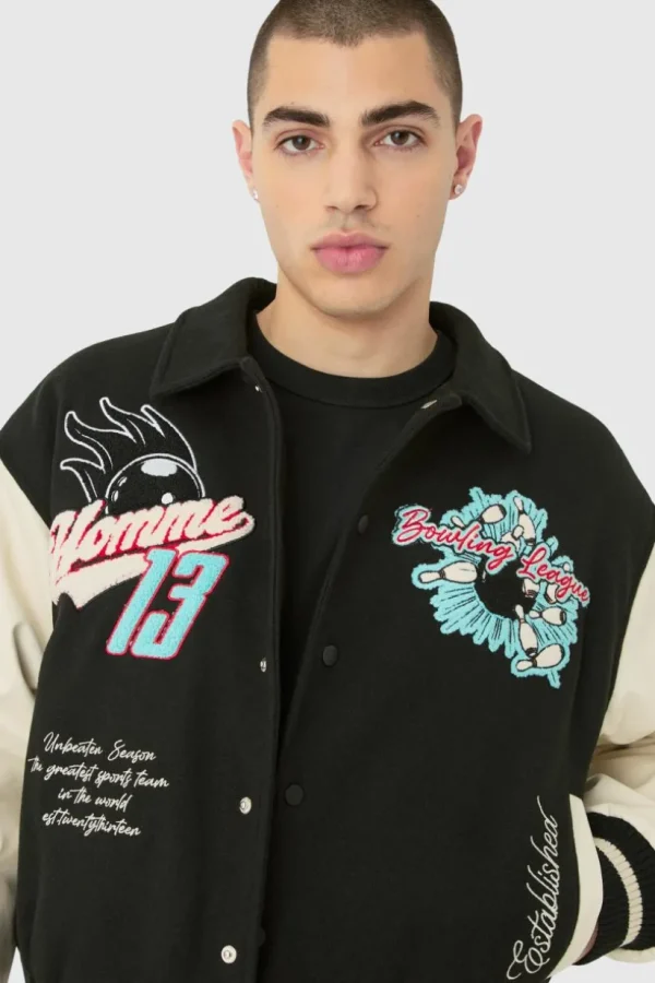 boohooMAN Boxy Melton & Pu Collared Varsity Jacket | Man | Coats & Jackets