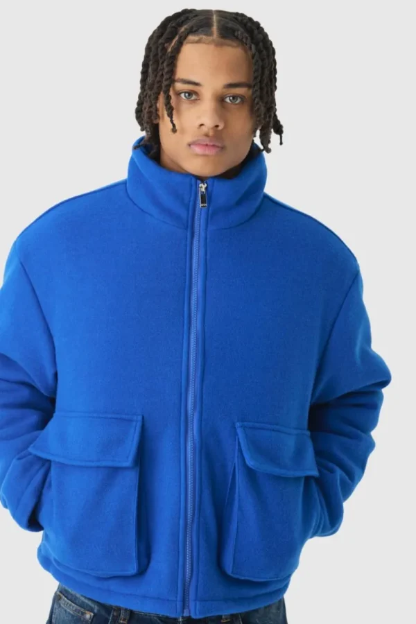 boohooMAN Boxy Melton Funnel Neck Puffer Jacket In | Coats & Jackets