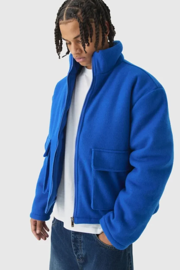 boohooMAN Boxy Melton Funnel Neck Puffer Jacket In | Coats & Jackets