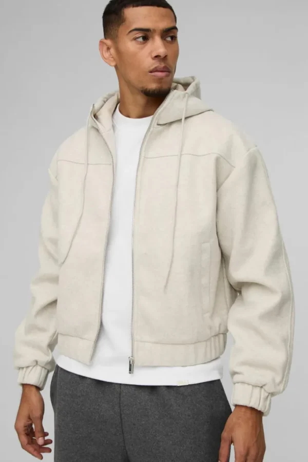 boohooMAN Boxy Melton Hooded Bomber Jacket In | Man | Coats & Jackets