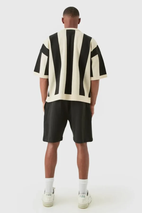 boohooMAN Boxy Moto Stripe Knitted Polo | Going Out Polo Shirts | Knitwear