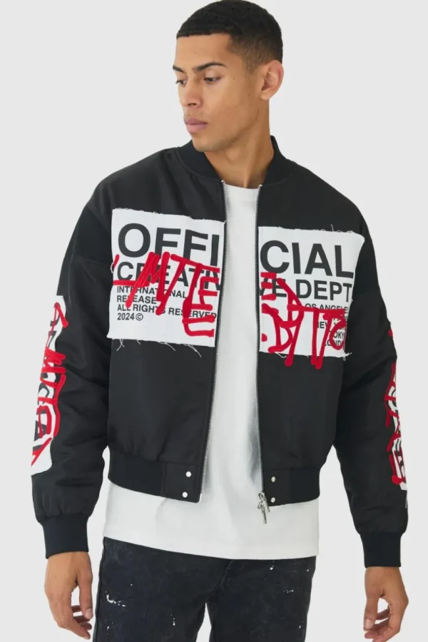 boohooMAN Boxy Official Graffiti High Shine Bomber Jacket | Man | Coats & Jackets