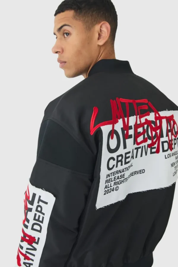 boohooMAN Boxy Official Graffiti High Shine Bomber Jacket | Man | Coats & Jackets