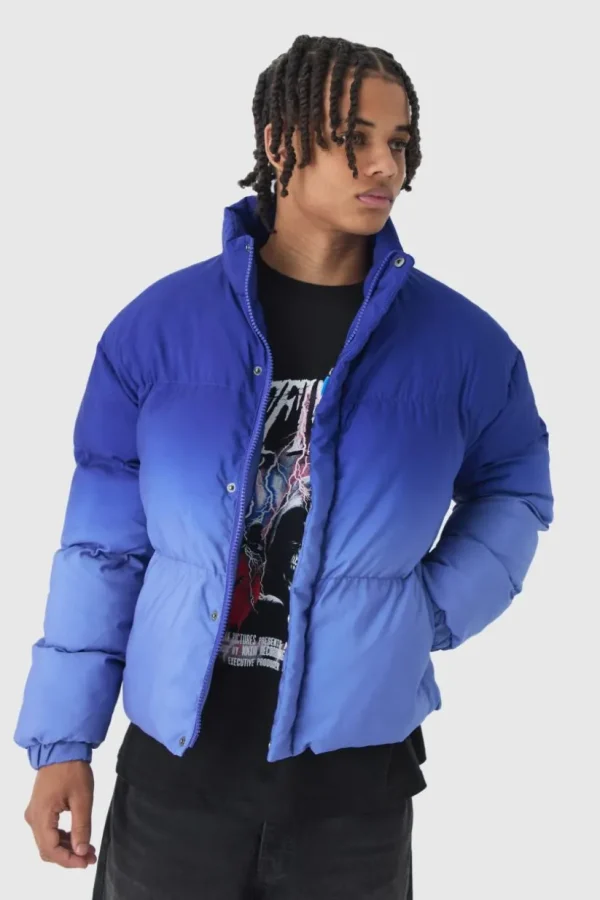 boohooMAN Boxy Ombre Funnel Neck Puffer Coat In | Coats & Jackets