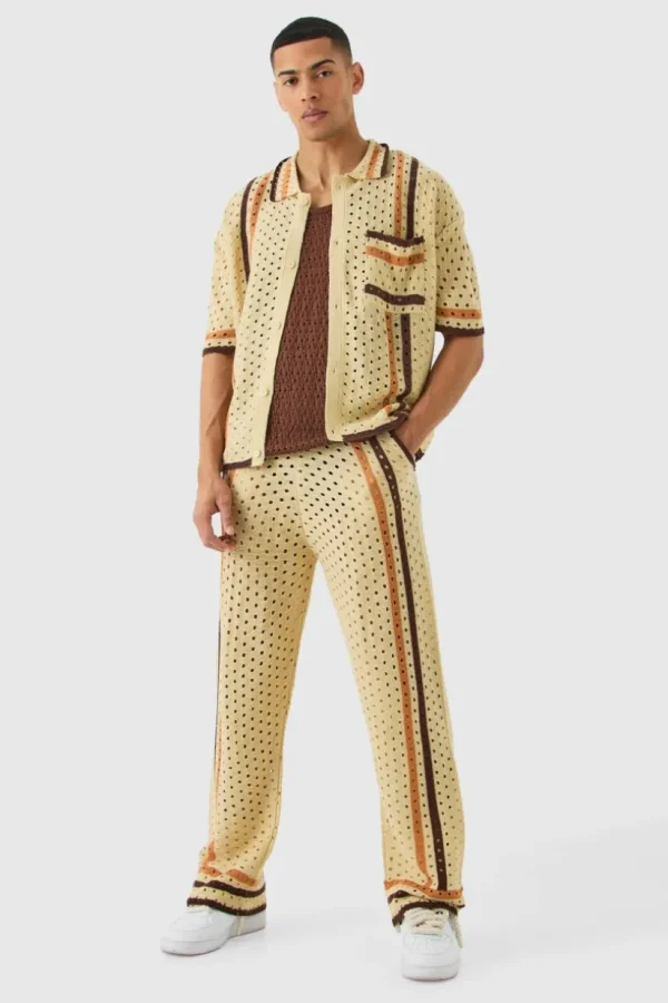 boohooMAN Boxy Open Stitch Polo Trouser Knitted Set | Sets & Coords | Knitwear