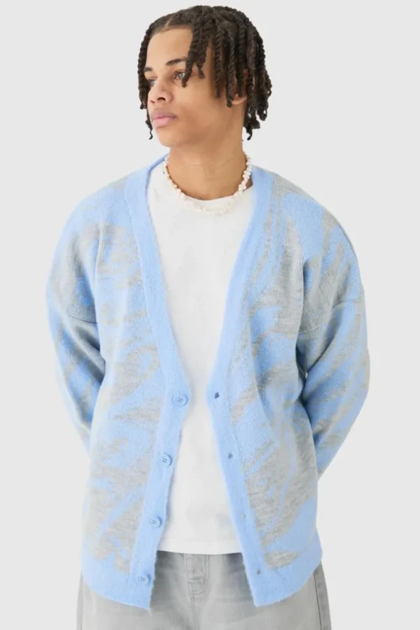 boohooMAN Boxy Oversized Brushed Abstract All Over Cardigan | Knitwear | Going Out Knitwear