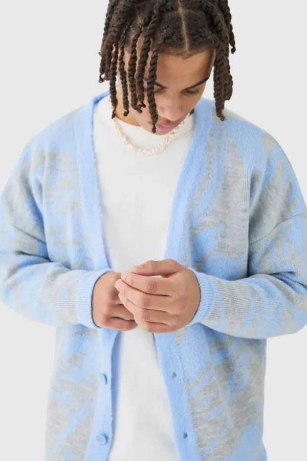 boohooMAN Boxy Oversized Brushed Abstract All Over Cardigan | Knitwear | Going Out Knitwear