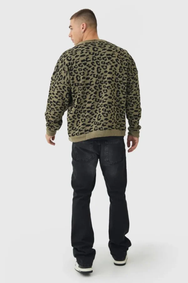 boohooMAN Boxy Oversized Brushed Leopard All Over Cardigan | Knitwear | Going Out Knitwear