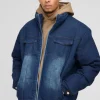 boohooMAN Boxy Oversized Funnel Neck Denim Puffer Jacket | Man | Coats & Jackets