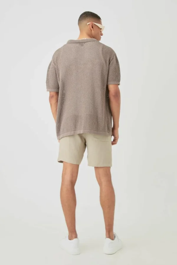 boohooMAN Boxy Oversized Open Stitch Tonal Palm Intarsia Short Sleeve Knit Shirt | Shirts | Going Out Shirts