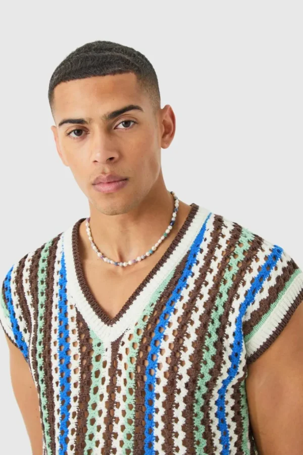 boohooMAN Boxy Oversized Open Stitch V Neck Sweater Vest | Knitwear | Going Out Knitwear