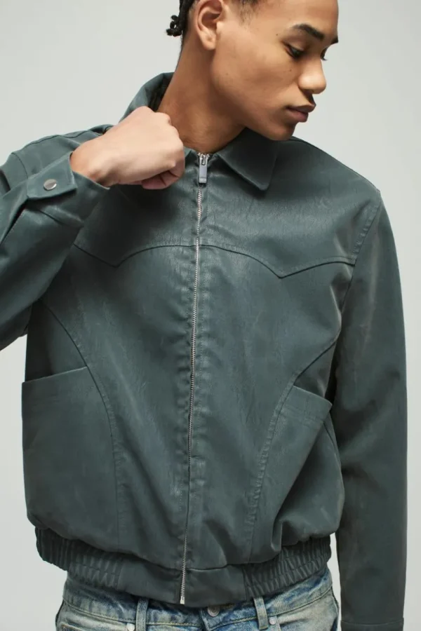 boohooMAN Boxy Peached PU Western Detail Harrington Jacket | Man | Coats & Jackets