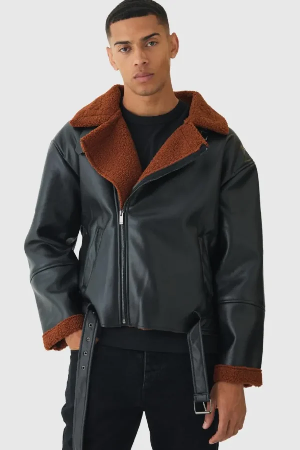 boohooMAN Boxy PU Borg Trim Aviator Jacket In | Man | Coats & Jackets