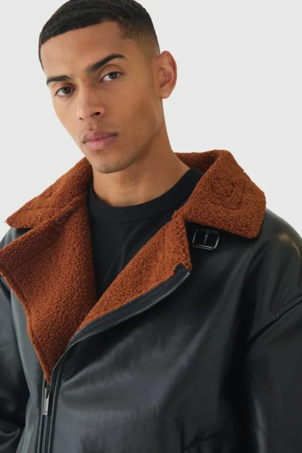 boohooMAN Boxy PU Borg Trim Aviator Jacket In | Man | Coats & Jackets