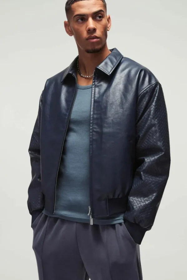 boohooMAN Boxy PU Collared Satin Sleeve Bomber in | Going Out Jackets | Going Out