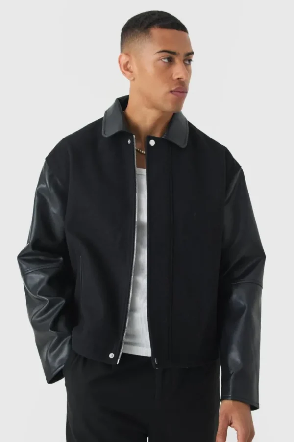 boohooMAN Boxy PU Sleeve Collared Harrington Jacket In | Man | Coats & Jackets