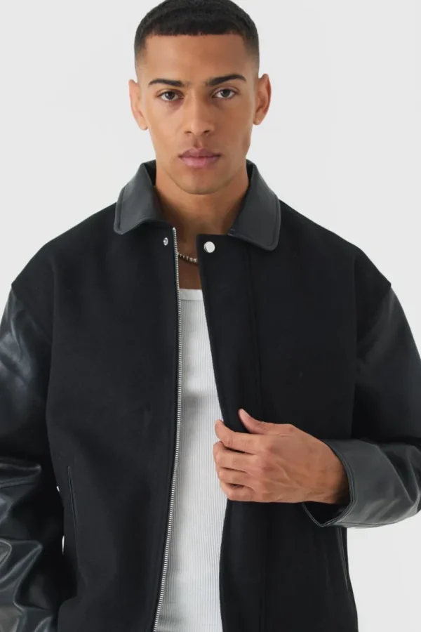 boohooMAN Boxy PU Sleeve Collared Harrington Jacket In | Man | Coats & Jackets