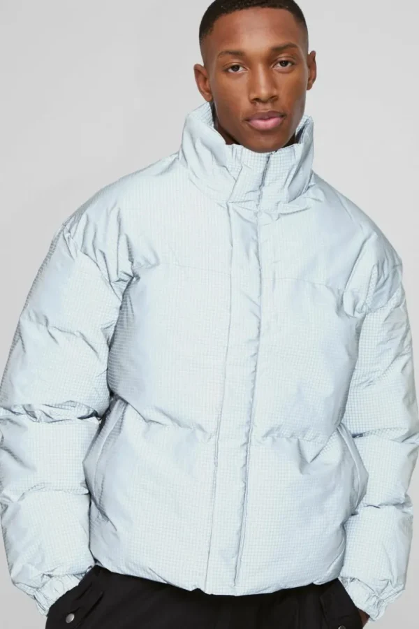 boohooMAN Boxy Reflective Ripstop Funnel Neck Puffer | Man | Coats & Jackets