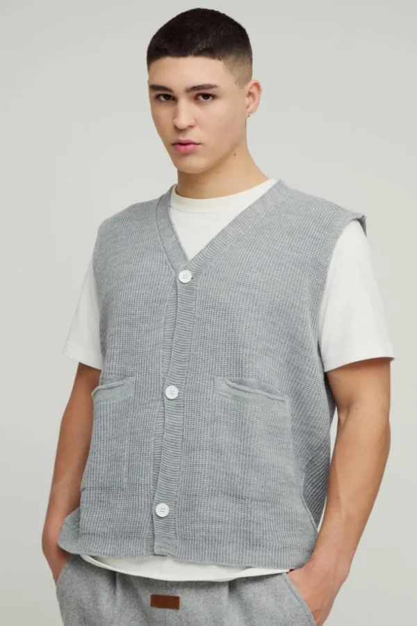 boohooMAN Boxy Ribbed Contrast Button Knitted Vest | Knitwear | Going Out Knitwear