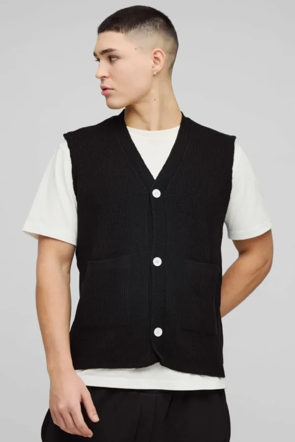 boohooMAN Boxy Ribbed Contrast Button Knitted Vest | Knitwear | Going Out Knitwear