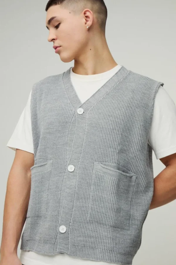 boohooMAN Boxy Ribbed Contrast Button Knitted Vest | Knitwear | Going Out Knitwear