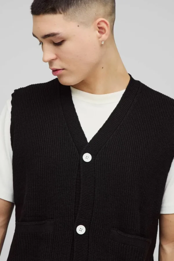 boohooMAN Boxy Ribbed Contrast Button Knitted Vest | Knitwear | Going Out Knitwear