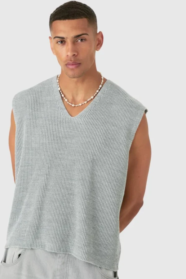 boohooMAN Boxy Ribbed V Neck Sweater Vest | Knitwear | Going Out Knitwear