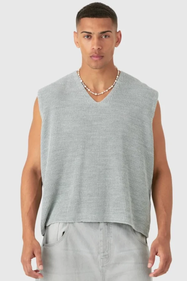 boohooMAN Boxy Ribbed V Neck Sweater Vest | Knitwear | Going Out Knitwear