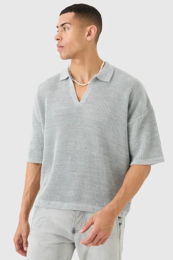 boohooMAN Boxy Short Sleeve Ribbed Knit Polo | Knitwear | Going Out Knitwear