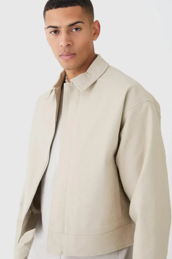 boohooMAN Boxy Smart Ribbed Twill Harrington Jacket | Going Out | Going Out Jackets