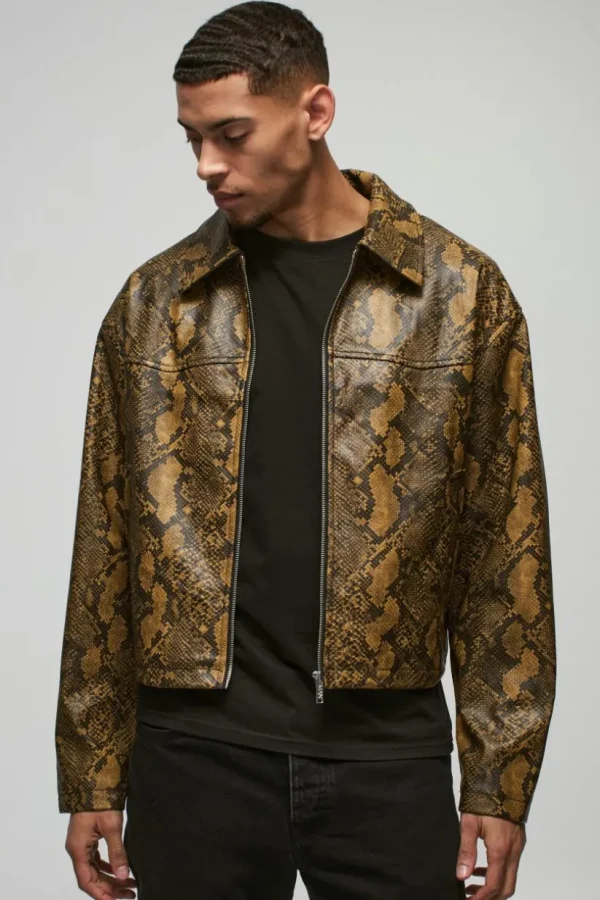 boohooMAN Boxy Snake PU Harrington Jacket In | Going Out | Going Out Jackets