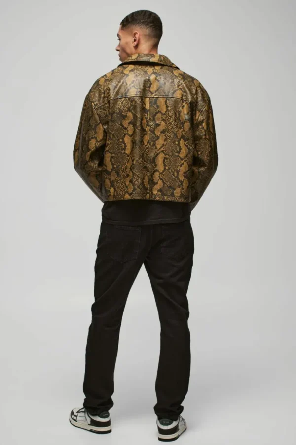 boohooMAN Boxy Snake PU Harrington Jacket In | Going Out | Going Out Jackets