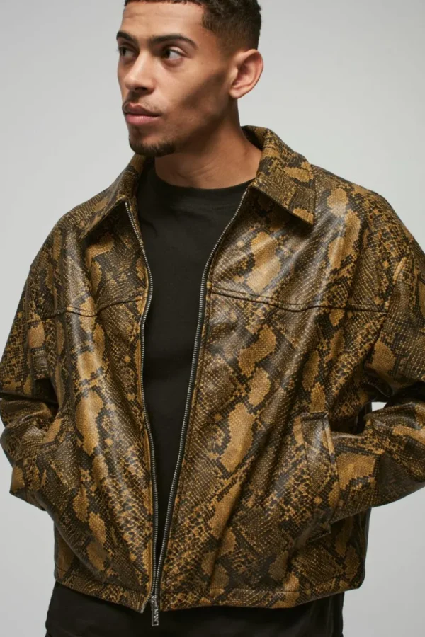 boohooMAN Boxy Snake PU Harrington Jacket In | Going Out | Going Out Jackets